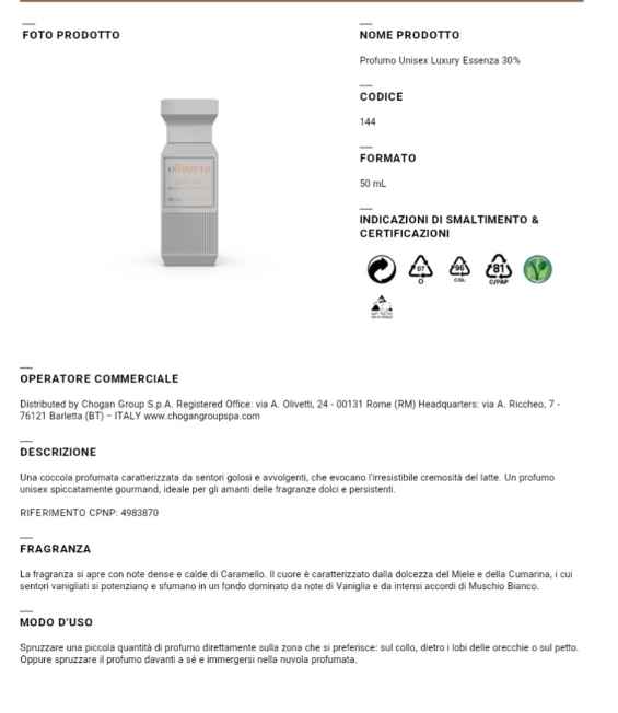 Profumo Chogan 144U Ispirato a Bianco latte di Giardini Toscana